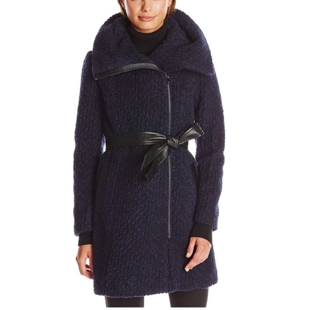 Cole Haan Signature wool blend Navy/Blue boucle Pea Coat oversized collar sze 14